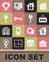 Set Garage, House with dollar symbol, Hanging sign text Sold, under protection, Bed, key, heart shape and icon. Vector