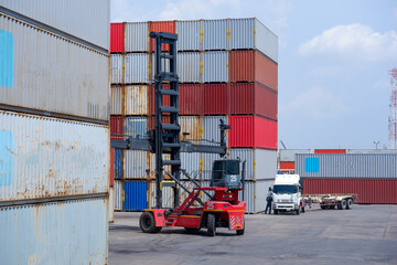 forklift truck Container boxes in a logistic yard with a stack of containers in the background.