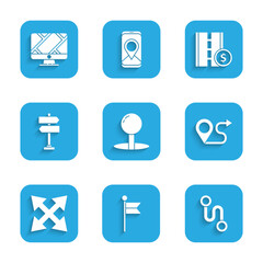 Set Push pin, Location marker, Route location, Road traffic sign, Toll road and Monitor with icon. Vector