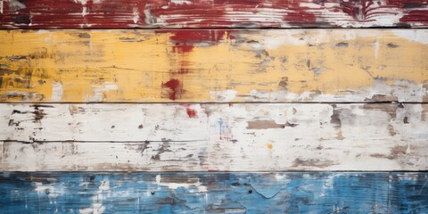 Fototapeta na wymiar Antique plank texture with white, red, yellow, and blue cracks. Horizontal background with planks of different colors.