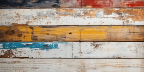Antique plank texture with white, red, yellow, and blue cracks. Horizontal background with planks of different colors.