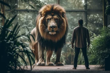 Poster A man standing in front of a lion © Angah