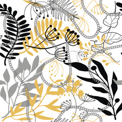 Tropical floral hand drawn seamless pattern with chains flowers leaves branches. Vector ornamental drawing background. Beautiful line art doodle flowers, branches ornaments. Isolated design on white