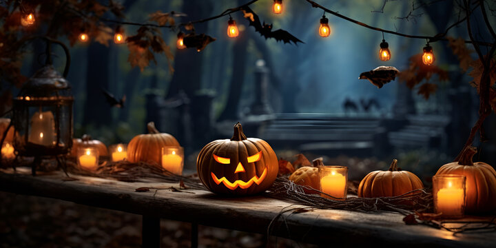 Dramatic scene for Halloween background with pumpkins. Gloomy background with, and silhouettes of trees. 3D illustration