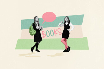 Creative composite photo collage of positive diligent clever girls schoolmates talking about book...