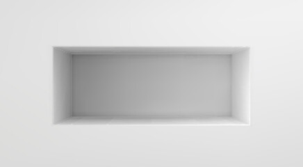White wall with box shelf, empty niche. 3d showcase for exhibits in museum, gallery or studio. Rectangular recess in blank white wall for room interior, vector realistic illustration