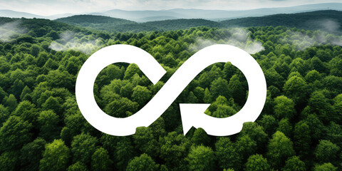 circular economy green environmentally sustainable business forestry, esg environmental social governance. illustration of endless arrow in front of forest tree tops. generative ai - obrazy, fototapety, plakaty