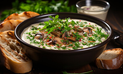delicious of mushroom soup on restaurant table  