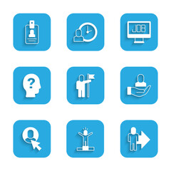 Set Man holding flag, Productive human, Leader of team of executives, Worker, Search job and Identification badge icon. Vector