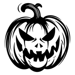 Creepy Jack O Lantern pumpkin black silhouette. Halloween retro vector illustration in grunge style. Black outline art.