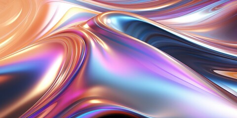 Holographic chrome gradient waves abstract background. Liquid surface, ripples, reflections. 3d render illustration. - obrazy, fototapety, plakaty