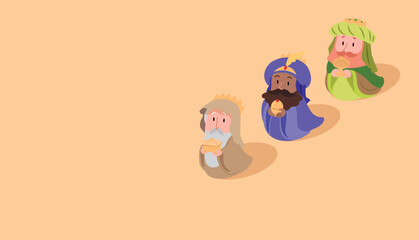 Three biblical kings magi cartoon vector. Epiphany or nativity celebration banner vector. Three wise men Melchior, Caspar and Balthazar holding gifts.