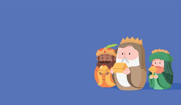 Three wise men, magi or three biblical kings presenting gifts of gold, frankincense, and myrrh cartoon vector. Nativity or epiphany banner vector.