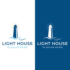 Sea harbor lighthouse tower logo design creative building with spotlights vintage vector template.