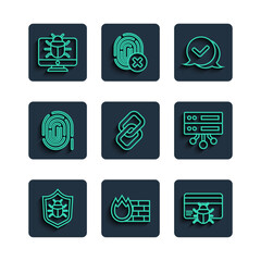 Set line System bug, Firewall, security wall, in credit card, Check mark speech bubble, Chain link, Fingerprint, on monitor and Server, Data, Web Hosting icon. Vector