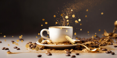 Close up of luxury cup of coffe on black background with lights, sparkles, golden particles, confetti,coffee bean.Banner for coffee shop,cafe restaurant.Cozy Christmas jazz ambience concept.Generative
