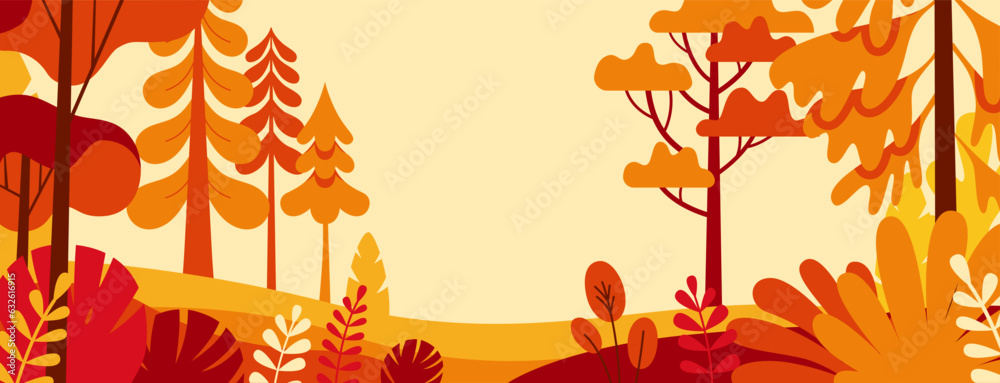 Poster Vector illustration in simple minimal geometric flat style - autumn city landscape with buildings, hills and trees - abstract horizontal banner and background with copy space for text