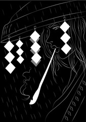 a black and white woman, art, rain, mood, cigar, illustration, vector, silhouette, music, people, cartoon, design, black, face, fashion, beauty, boy, love, sign, symbol, weather, sadness, hat, lineart