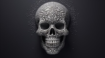 highly detailed Sugar grains in the shape of a skull grey background, concept sugar diabetes, high quality, 16:9 , copy space