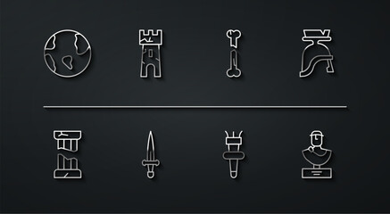 Set line Earth globe, Broken ancient column, Roman army helmet, Torch flame, Dagger, Castle tower, Ancient bust sculpture and Human broken bone icon. Vector