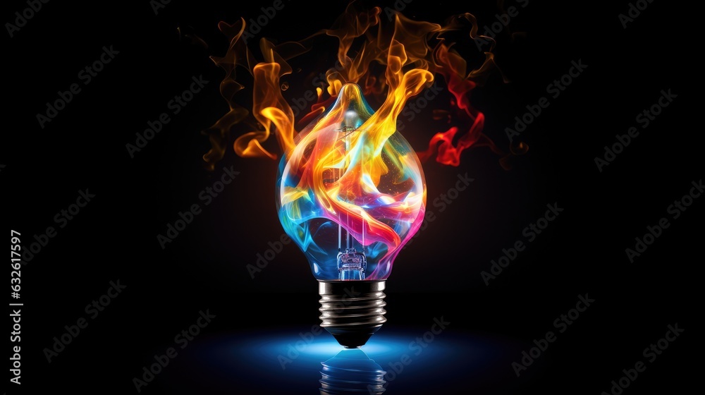 Poster lightbulb idea concept with colorful liquidof splashing unique creative idea on black background, ge