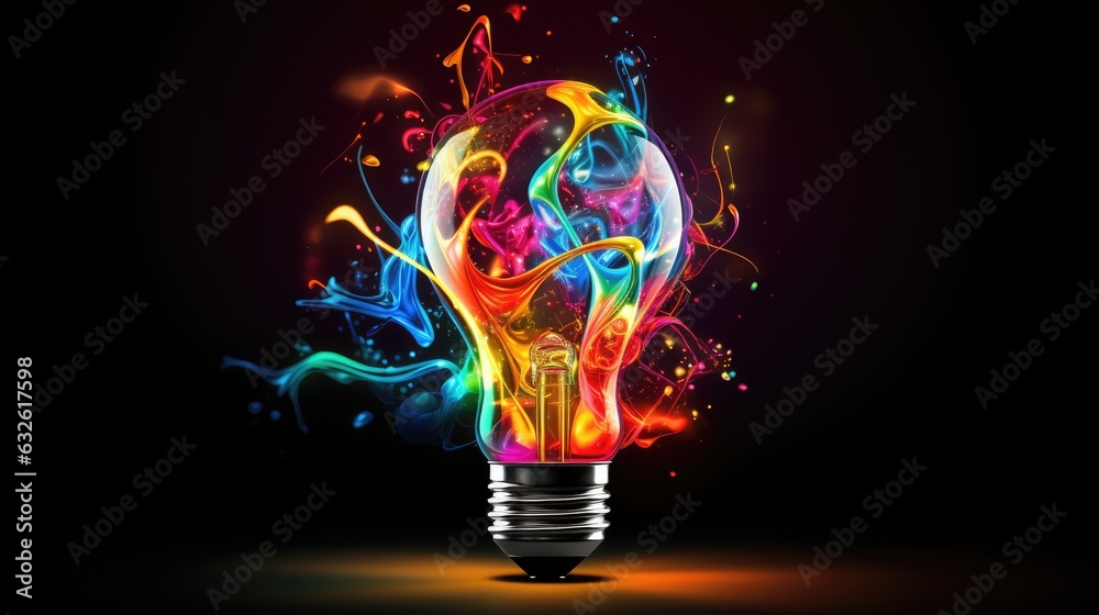 Sticker lightbulb idea concept with colorful liquidof splashing unique creative idea on black background, ge