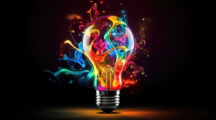 lightbulb Idea concept with colorful liquidof splashing Unique Creative idea on black background, Generative AI
