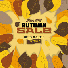 Autumn sale poster design with colorful leaves on yellow background. Sale discount text to promote autumn season