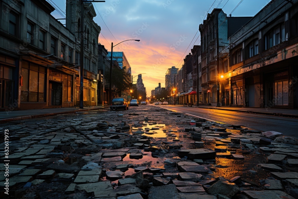 Poster A cobblestone street in a city at sunset. AI.