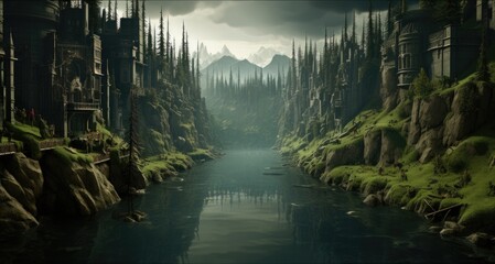 A river running through a lush green forest. AI.