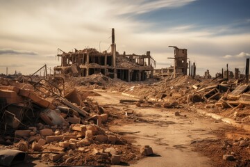 A dirt road in front of a destroyed building. AI.