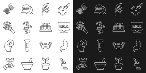 Set line Microscope, Human stomach, DNA symbol, Leaf or leaves, Hemoglobin, Microorganisms under magnifier, and Test tube and flask icon. Vector