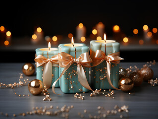 Turquoise burning candles with gold ribbons and and gold orbs stand on a light colored wooden stand on a dark background with blurred gold lights. Copy space.