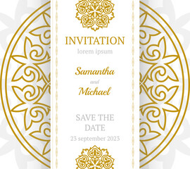 Vector luxury wedding invitation with mandala. Golden vintage greeting card on a white background. Vector abstract design elements. Great for invitation and greeting cards, packaging, flyer, wallpaper