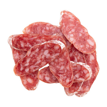 slices of spanish fuet thin dried salami sausage isolated on white background with clipping path, top view