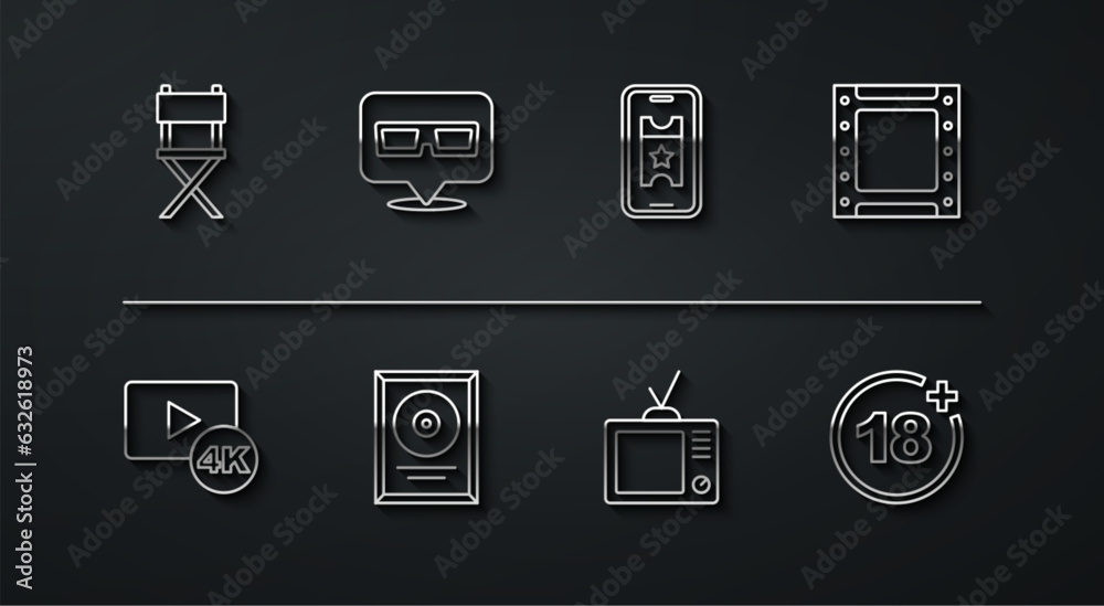 Poster Set line Director movie chair, Screen tv with 4k, Play video, Retro, CD disk award in frame, 3D cinema glasses, Plus 18 and Buy ticket online icon. Vector