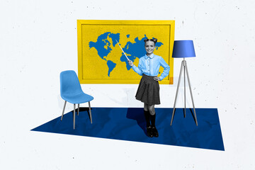 Teacher lecturer young small schoolgirl collage template classroom education geography blackboard map isolated on grey color background © deagreez