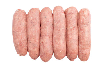 uncooked pork sausages isolated on white background, freshness food with clipping path, raw meat...