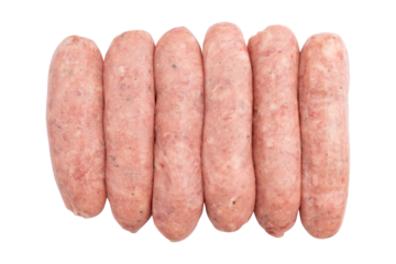 uncooked pork sausages isolated on white background, freshness food with clipping path, raw meat sausages for barbeque