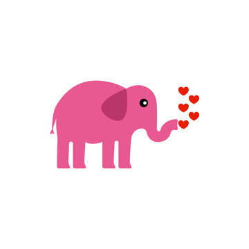 Pink elephant blowing hearts out of his trunk. Simple minimal vector illustration.