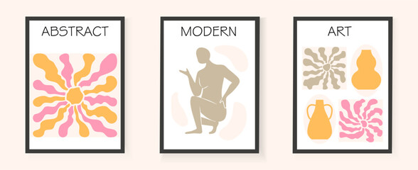 Inspired Matisse abstract figures vector set. Blue plant branch. Floral Matisse elements set in contemporary