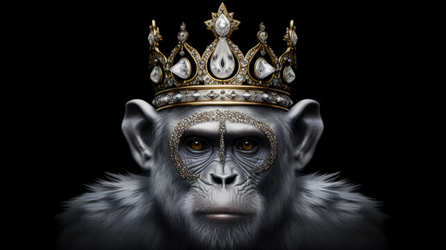 black and white portrait of a monkey king monkey with a crown on his head