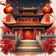 Chinese architecture, building, temple and lanterns