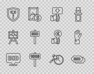 Set line Bid, Hand holding auction paddle, Auction hammer, and icon. Vector
