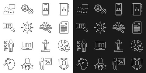 Set line User protection, Globe and people, Resume, Search job, Multitasking manager working, Freelancer and Magnifying glass for search icon. Vector