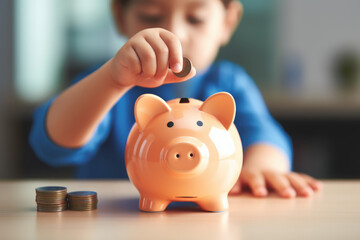 A child inserts a coin into his pink piggy bank, Saving for a dream