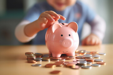 A child learns to save with his pink piggy bank,A prosperous future begins with small savings - obrazy, fototapety, plakaty
