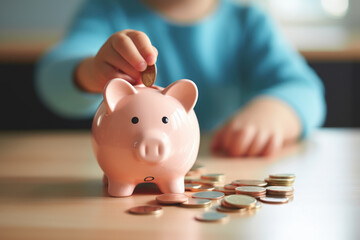 A child inserts a coin into his pink piggy bank,Saving to achieve their dreams