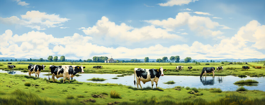 Black and white cows in a grassy field on a bright and sunny day