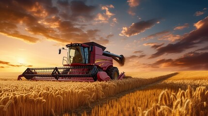 A tractor harvesting wheat starch in the sunset on a country field. Generative Ai
